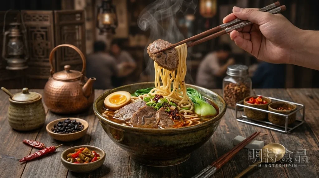 一碗牛肉面,搭配牛肉片、青菜、卤蛋和葱花