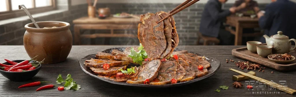 卤牛肉切片整齐摆放在盘中,肉质紧实并带有浓郁卤香