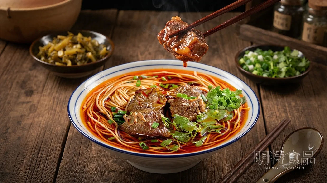 一碗红烧牛肉面，红烧牛肉块搭配青菜和面条