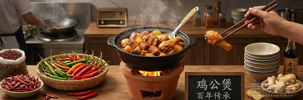 鸡公煲成品近景,鸡块与洋葱、青椒一起裹满香辣酱汁