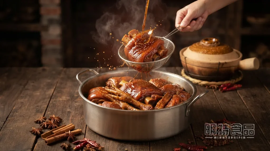 一盘卤肉，猪肉色泽酱红并搭配香料和卤汁