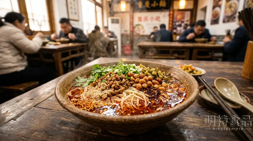 一碗重庆小面,面条搭配红油、肉末、花生和青菜