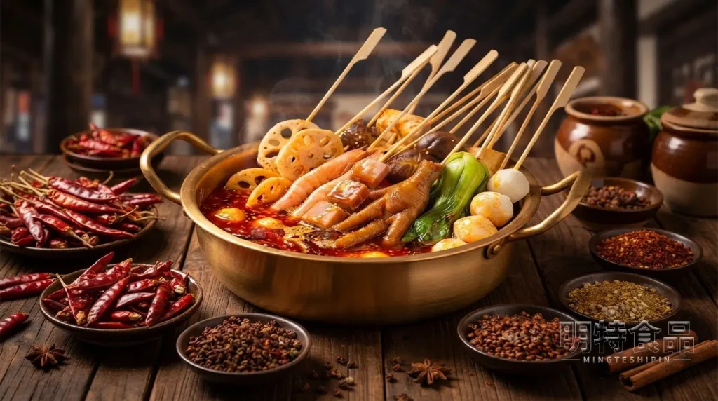 串串香成品,多种肉类和蔬菜串浸在麻辣汤底中