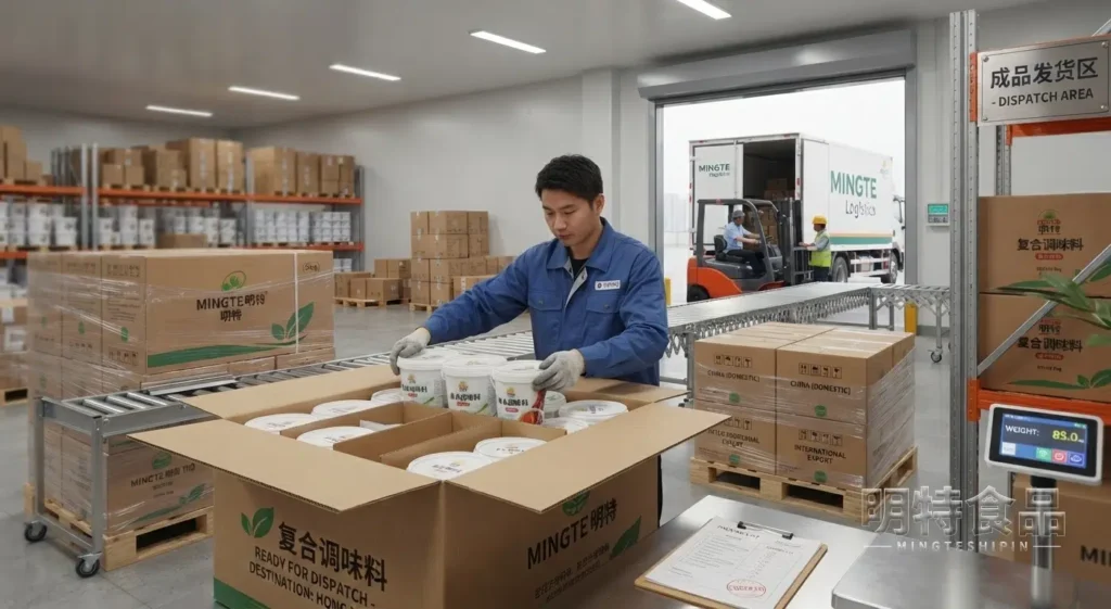 调味料成品装入纸箱并摆放在发货区域等待出库