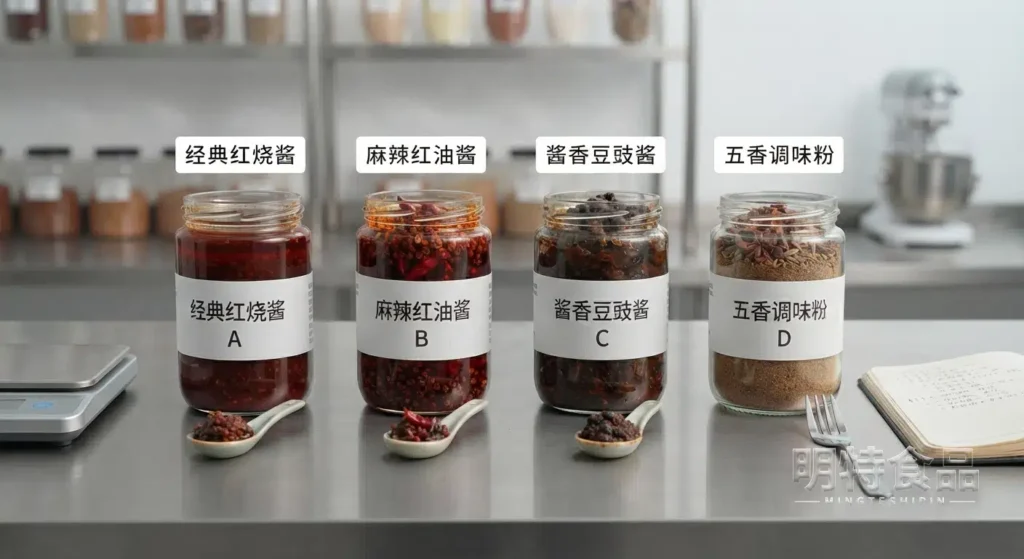 不同口味调味料小样并列摆放进行横向对比