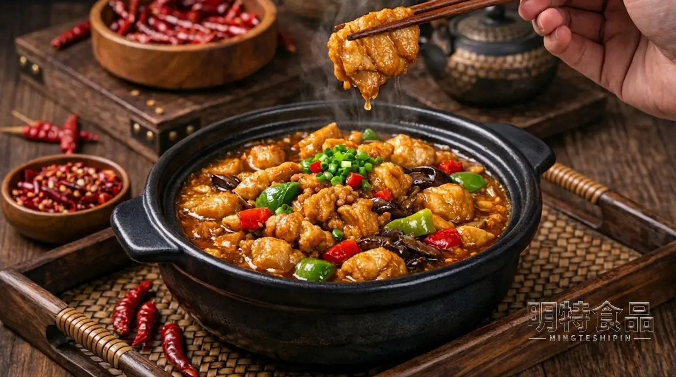 黄焖鸡成品，鸡块搭配青椒、香菇和浓郁酱汁