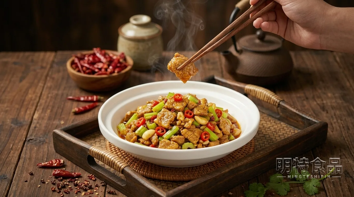 小炒黄牛肉成品，牛肉片搭配青红椒和蒜片