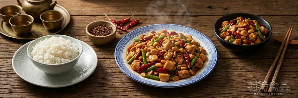 宫保鸡丁成品图,鸡丁搭配花生、辣椒段和葱段色泽红亮