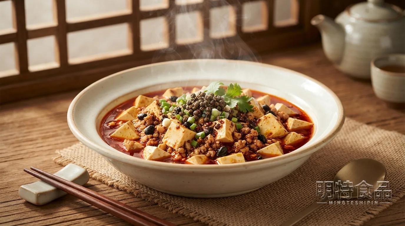 麻婆豆腐成品，豆腐块搭配肉末、花椒和红油