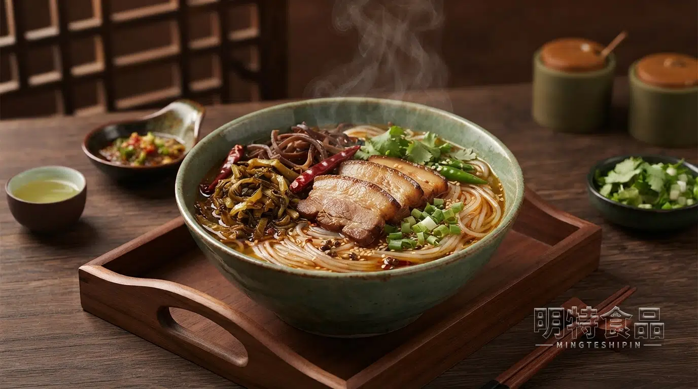 老坛酸菜米线成品，米线搭配酸菜、肉片和青菜