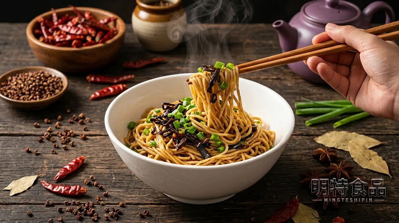 葱油拌面成品，面条拌葱油并搭配焦香葱段