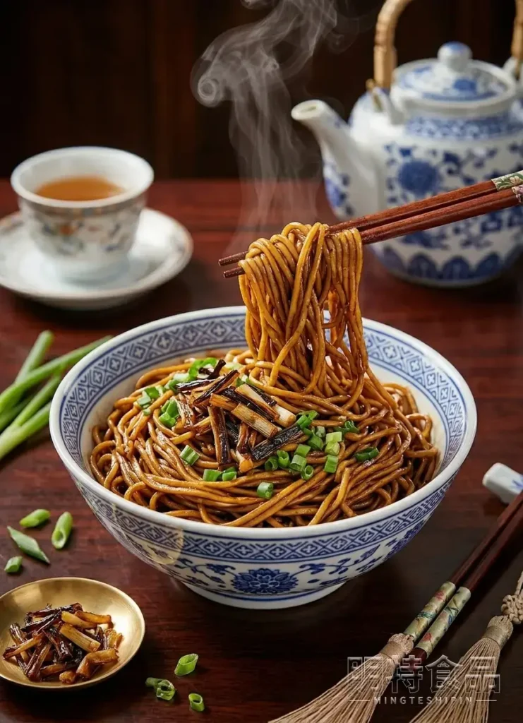 筷子夹起一碗葱油拌面，面条搭配葱花和酱香配料，背景摆放中式茶具