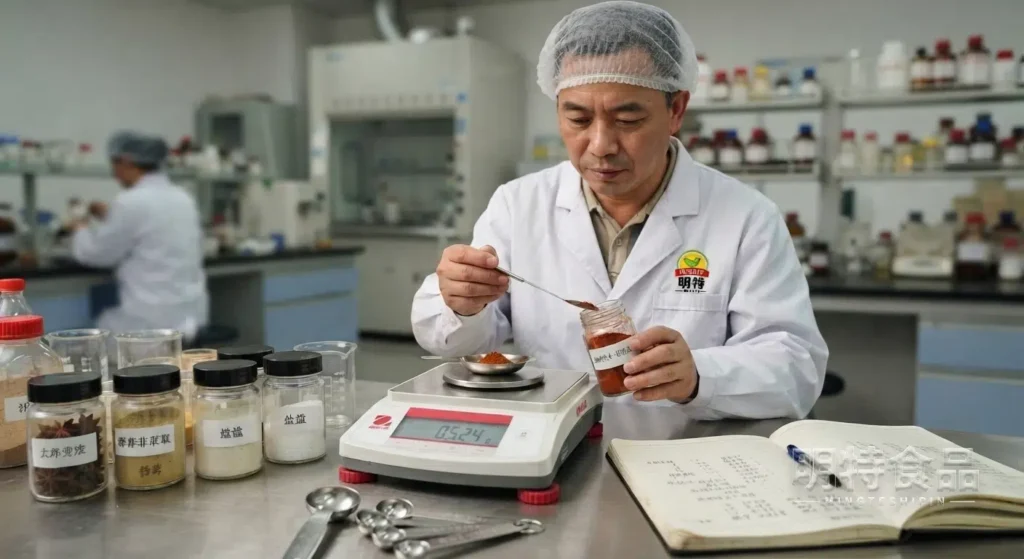 研发人员称量多种调味料原料用于配方打样