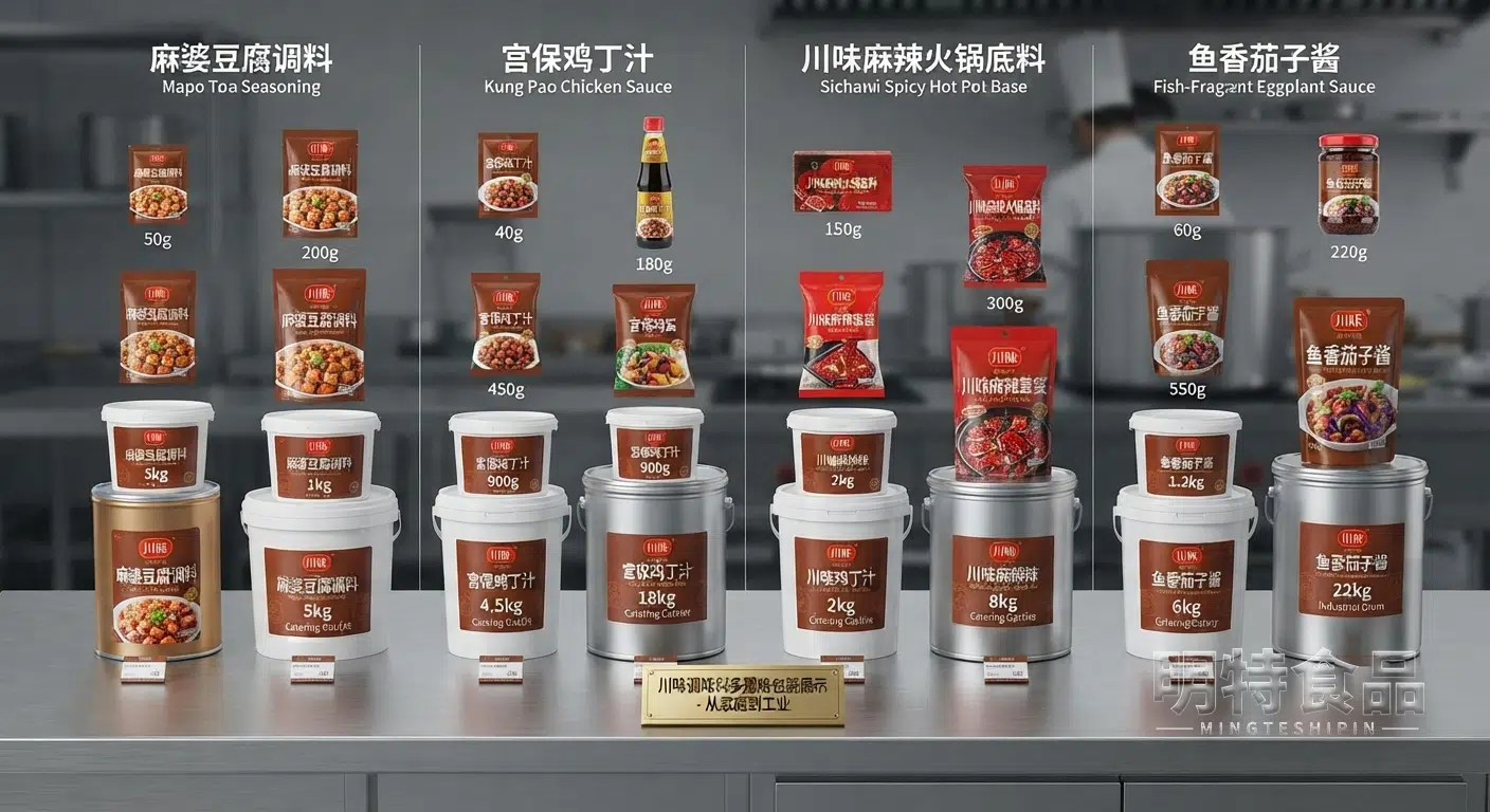 不同容量的调味料包装按规格大小整齐排列