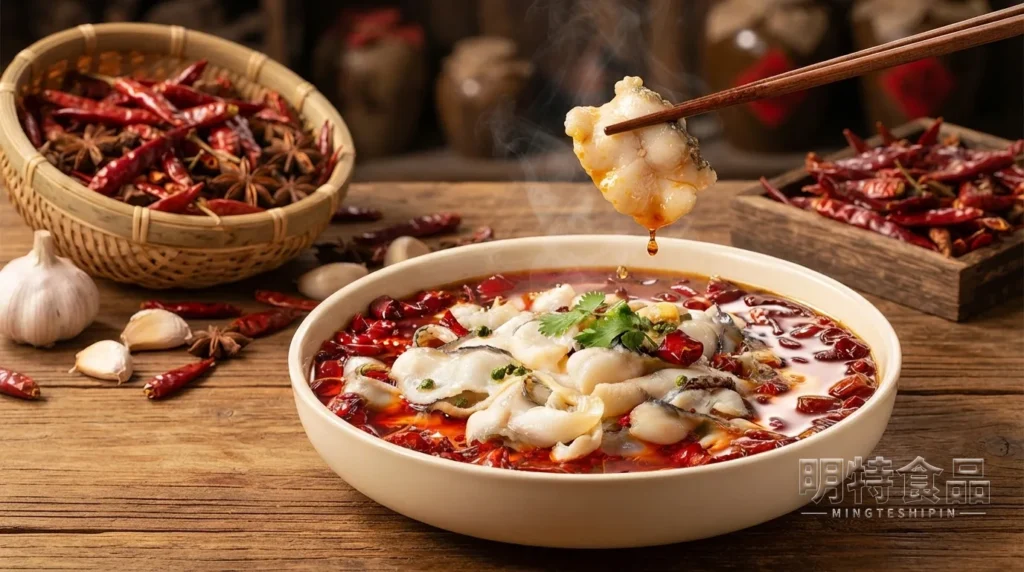 水煮鱼成品，鱼片铺在麻辣红汤和蔬菜上