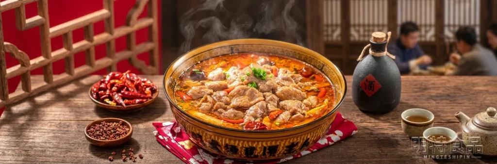 水煮肉片成品图，肉片搭配豆芽、辣椒和花椒，汤底鲜辣浓郁