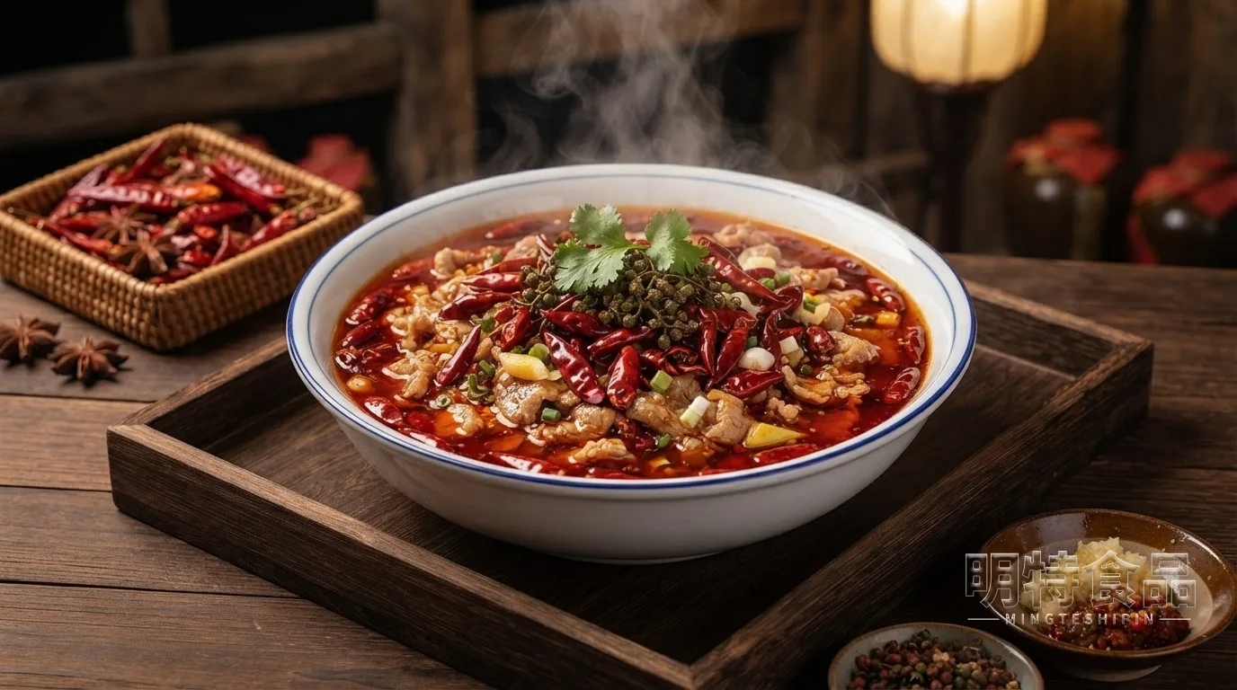水煮肉片成品，肉片搭配蔬菜、辣椒和花椒