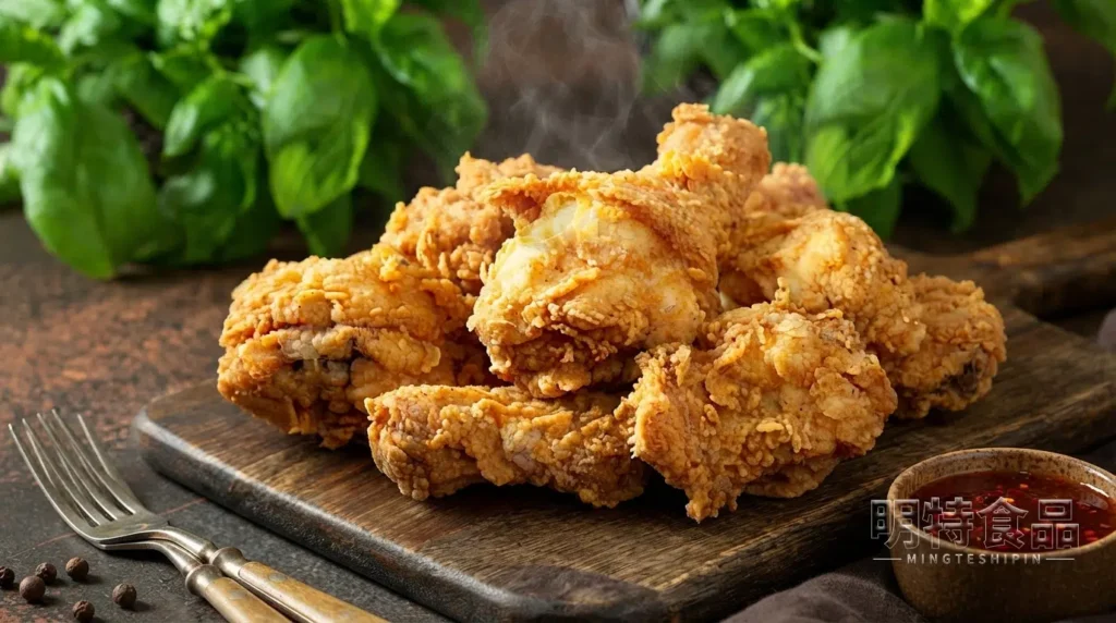 香辣鸡腿成品,炸鸡腿外皮金黄并搭配蘸酱