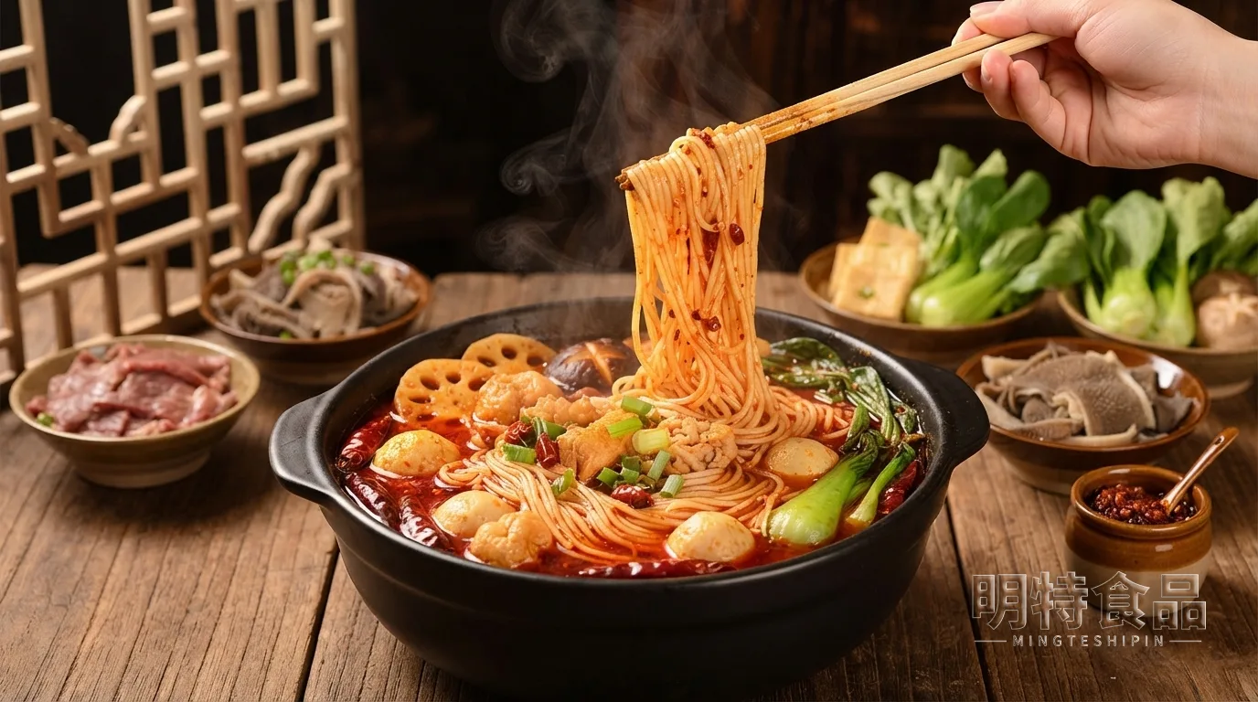 香辣米线成品，粉丝搭配辣椒、肉末和葱花