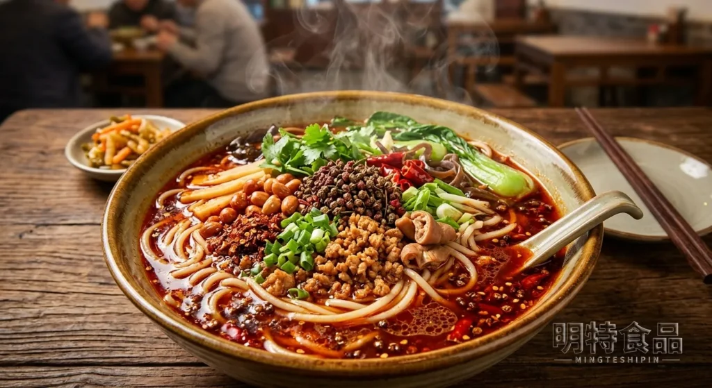麻辣米线成品，米线搭配肉末、青菜、花生和红油汤底
