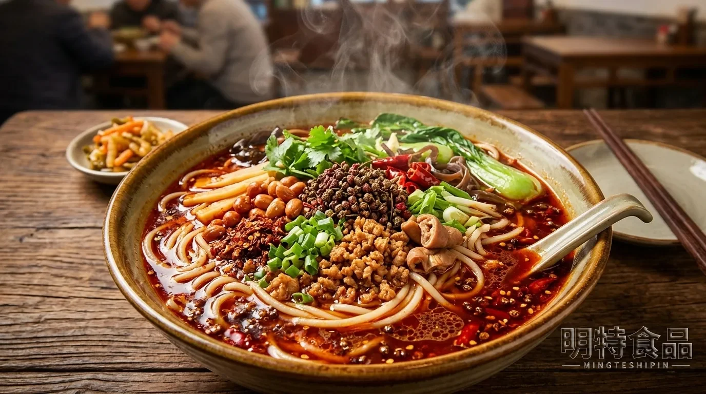 麻辣米线成品，米线搭配肉末、青菜、花生和红油汤底