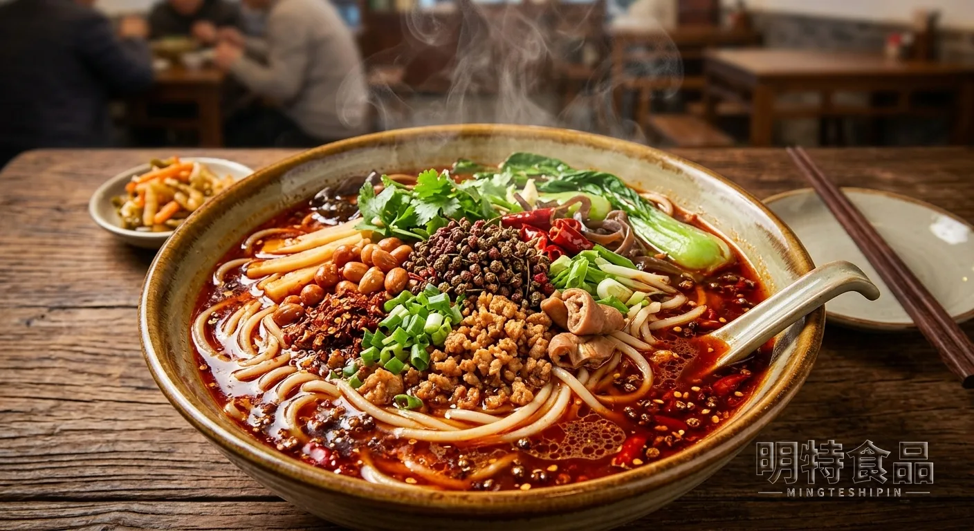 麻辣米线成品，米线搭配肉末、青菜、花生和红油汤底