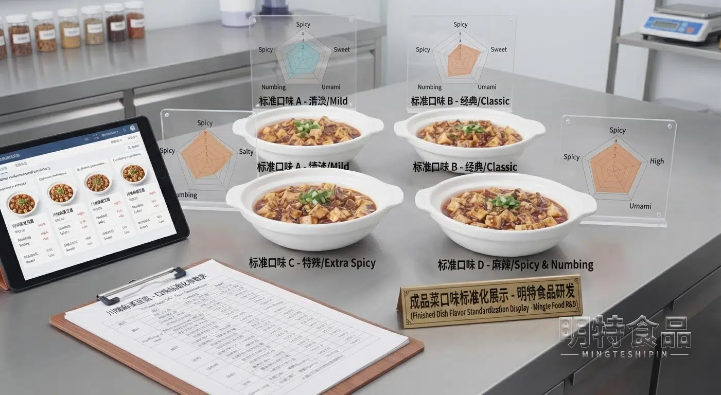 三份使用同一标准配方制作的成品菜外观一致