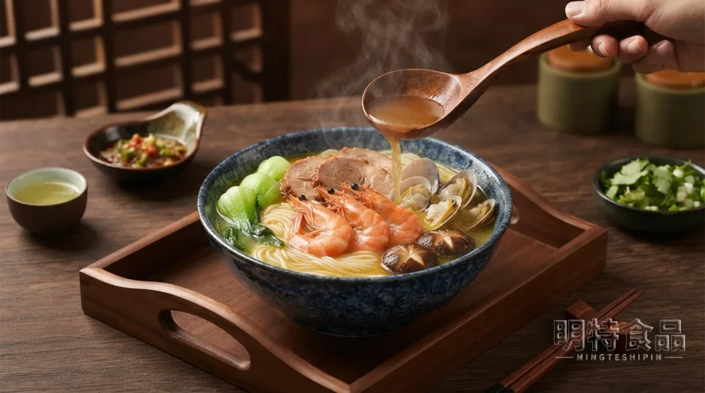 三鲜米线成品，米线搭配肉片、虾仁和青菜
