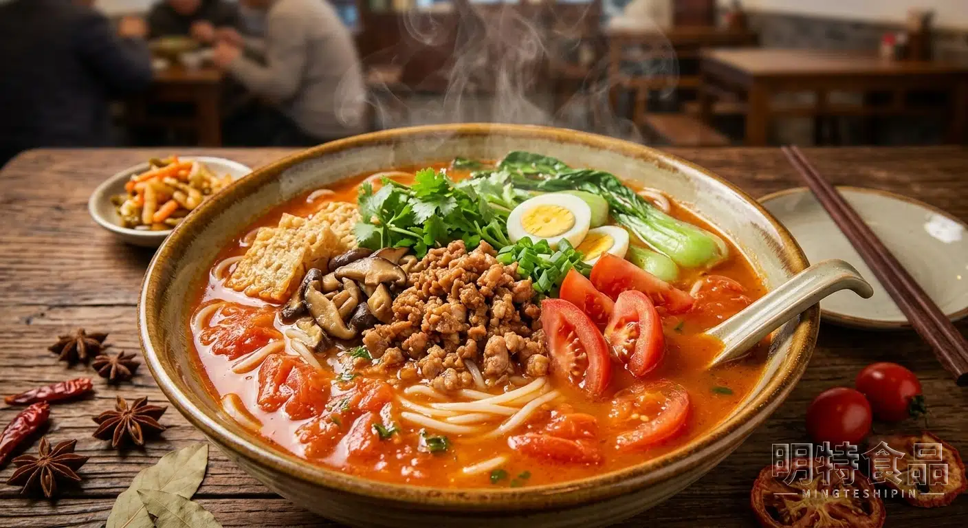 番茄米线成品，米线搭配番茄、肉末和青菜