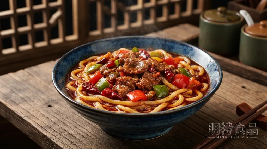新疆炒米粉成品,粗米粉搭配肉片、芹菜和香辣酱汁